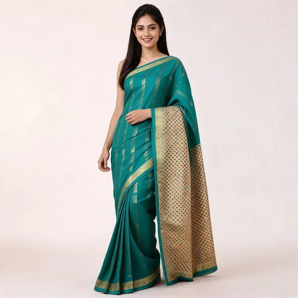 Teal_Woven_Zari_Stripe_Traditional_Saree_For_Women