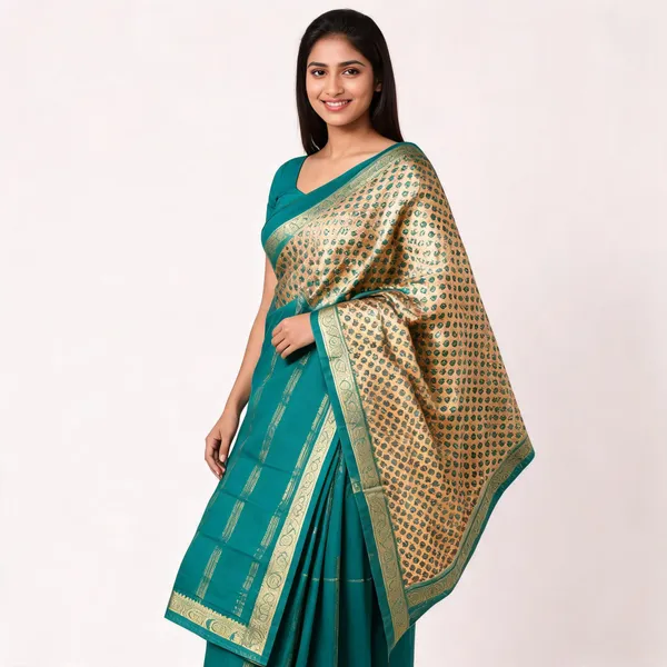 Teal_Woven_Zari_Stripe_Traditional_Saree_For_Women