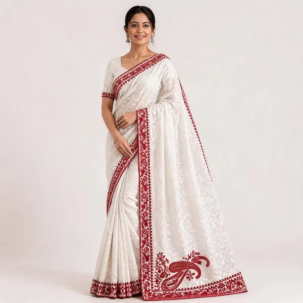 White_Red_Border_Saree_For_Women