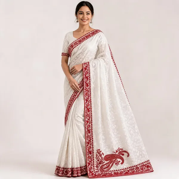 White_Red_Border_Saree_For_Women