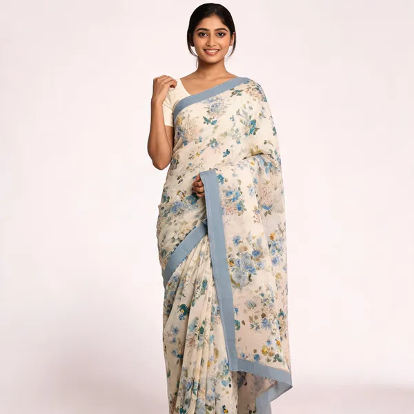 Cream_Floral_Print_Blue_Border_Saree_For_Women