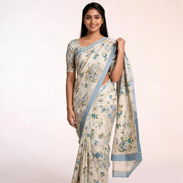 Cream_Floral_Print_Blue_Border_Saree_For_Women