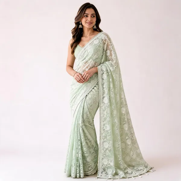 Mint_Green_Net_Floral_Embroidered_Saree_For_Women