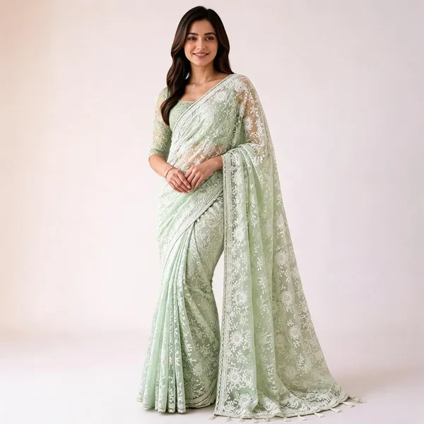 Mint_Green_Net_Floral_Embroidered_Saree_For_Women