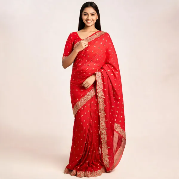 Red_Embroidered_Gold_Motif_Traditional_Saree_For_Women