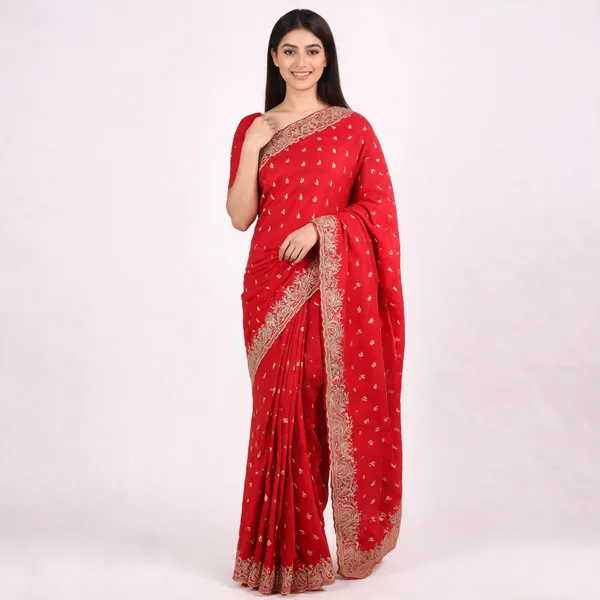 Red_Embroidered_Gold_Motif_Traditional_Saree_For_Women