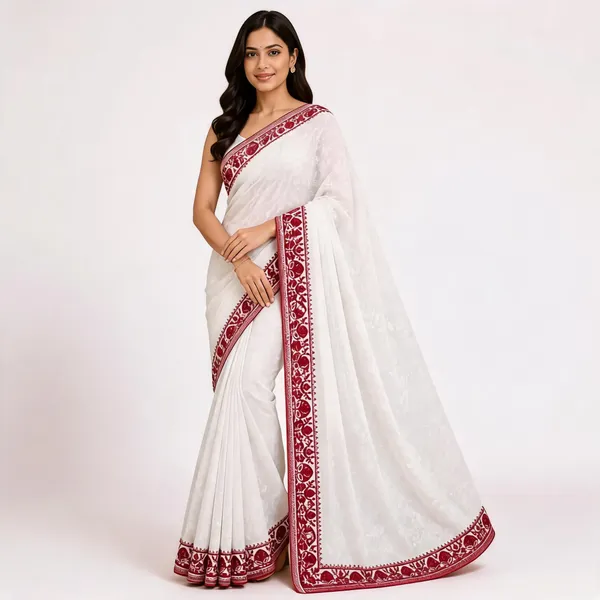 White_Floral_Print_Saree_For_Women