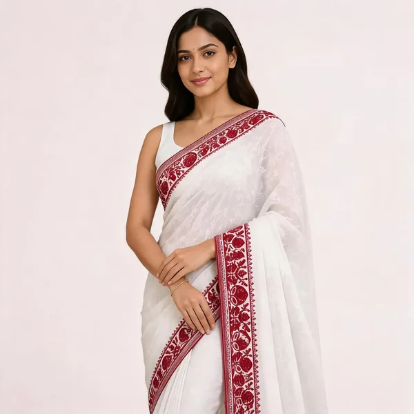 White_Floral_Print_Saree_For_Women