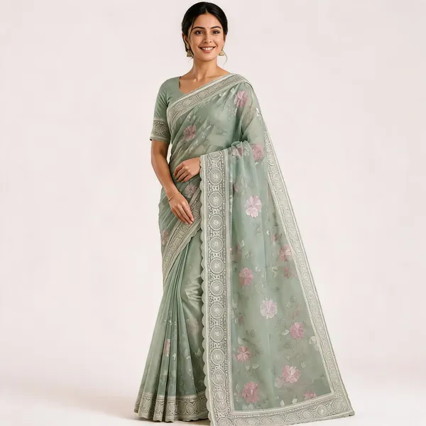 Sage_Green_Floral_Print_Saree_For_Women