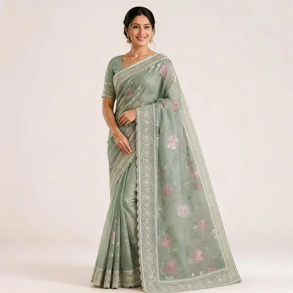 Sage_Green_Floral_Print_Saree_For_Women