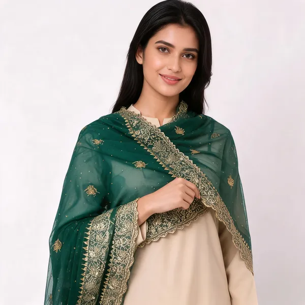 Green_Net_Embroidered_Golden_Border_Dupatta_For_Women