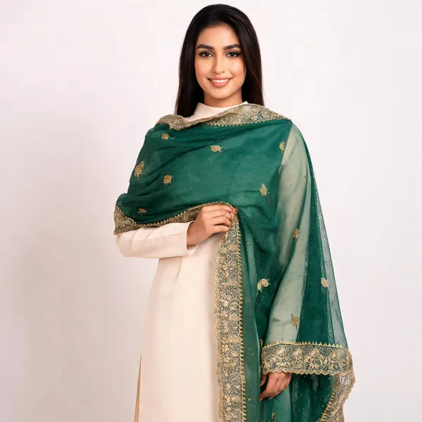 Green_Net_Embroidered_Golden_Border_Dupatta_For_Women