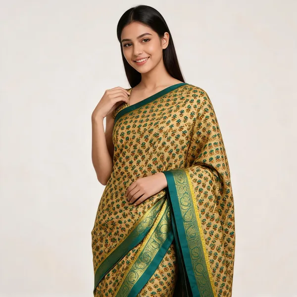 Mustard_Floral_Print_Teal_Border_Saree_For_Women