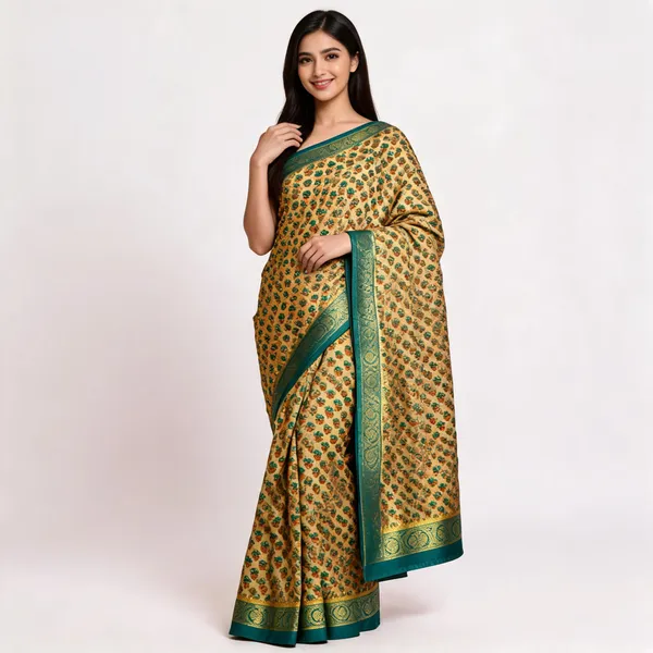 Mustard_Floral_Print_Teal_Border_Saree_For_Women