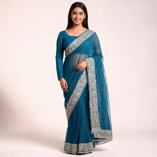 Blue_Net_Embroidered_Floral_Border_Saree_For_Women
