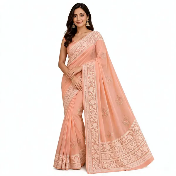 Peach_Floral_Border_Saree_For_Women