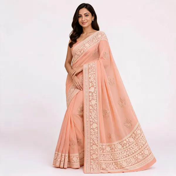 Peach_Floral_Border_Saree_For_Women