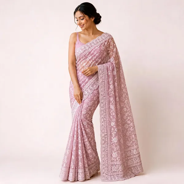 Pink_Floral_Print_Sheer_Saree_For_Women