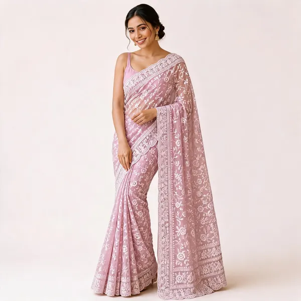 Pink_Floral_Print_Sheer_Saree_For_Women