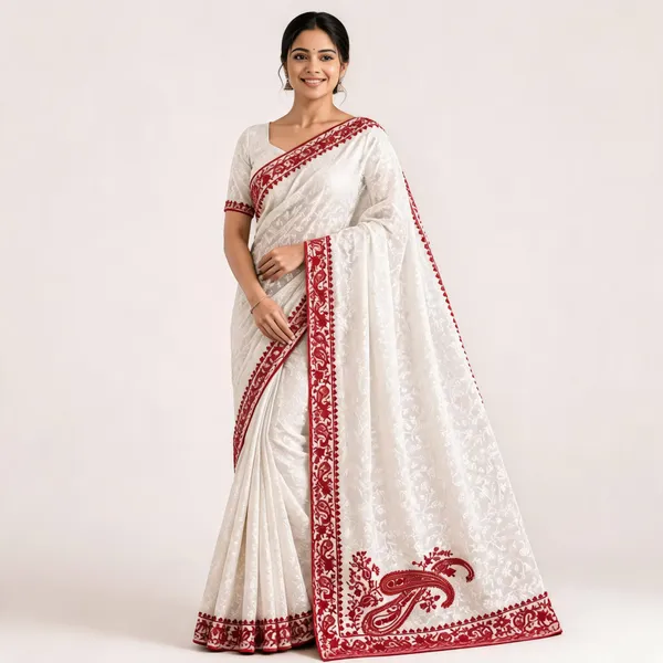 White_Printed_Red_Border_Traditional_Saree_For_Women