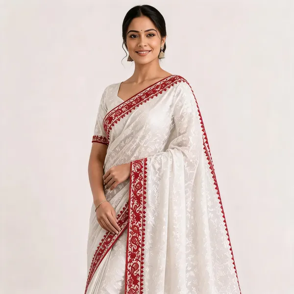 White_Printed_Red_Border_Traditional_Saree_For_Women