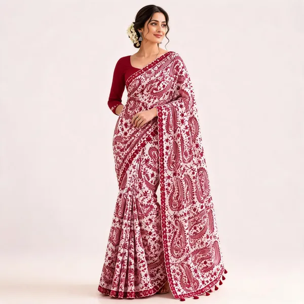 White_Maroon_Paisley_Print_Saree_For_Women