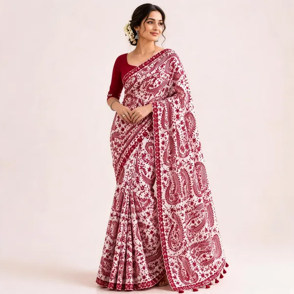White_Maroon_Paisley_Print_Saree_For_Women