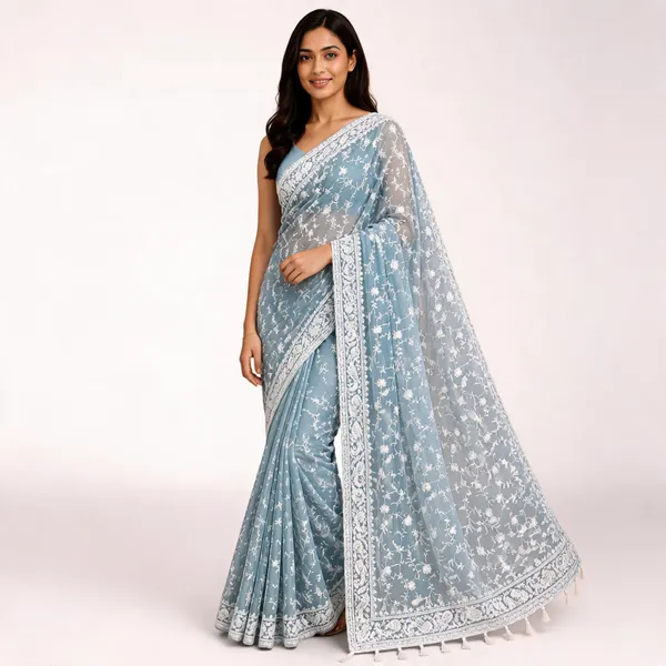 Blue_Net_Floral_Embroidered_Saree_For_Women