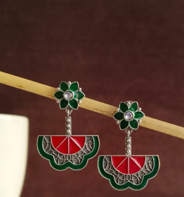 Green_And_Red_Enamel_And_Metal_Dangler_Earrings_For_Women