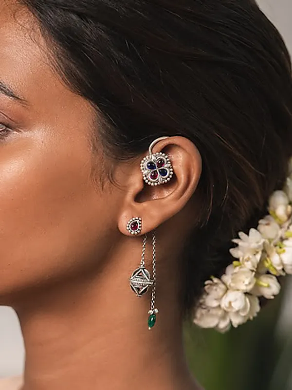 Silver_Tone_Floral_Ear_Cuff_And_Drop_Earring_Set_for_Women
