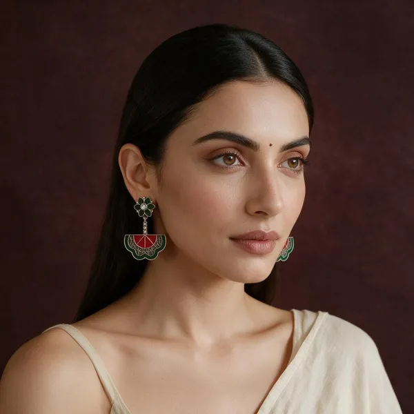 Green_And_Red_Enamel_And_Metal_Dangler_Earrings_For_Women