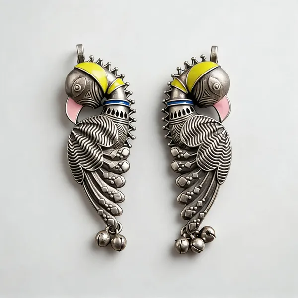 Silver_Brass_Oxidised_Peacock_Dangle_Drop_Earcuffs_For_Women