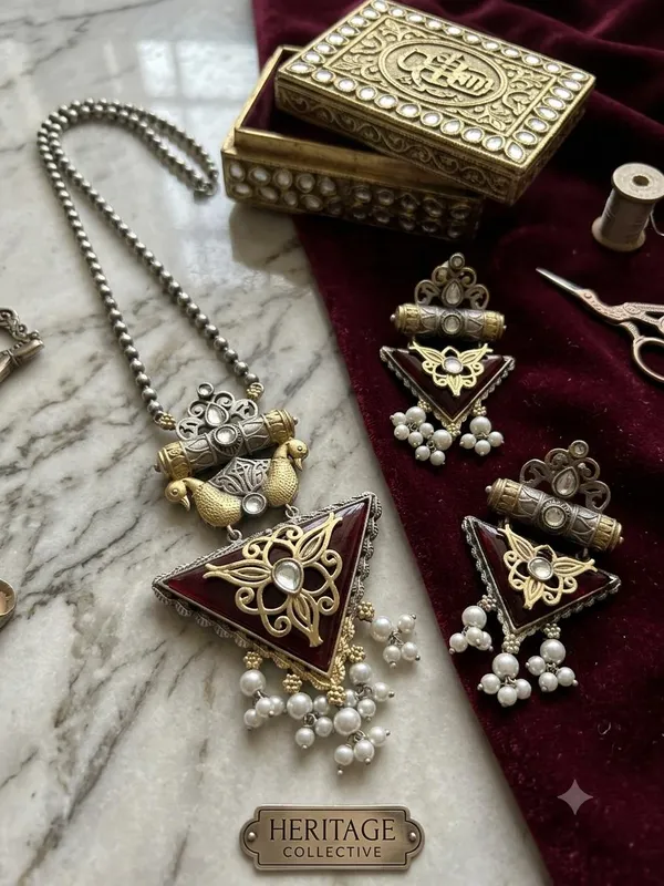 Antique_Gold_Maroon_Pearl_Necklace_Set_For_Women