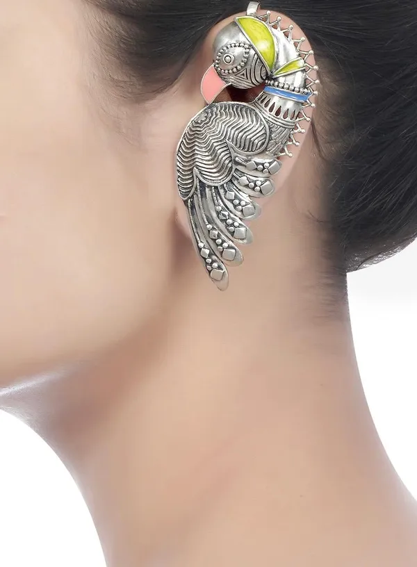 Silver_Brass_Oxidised_Peacock_Dangle_Drop_Earcuffs_For_Women