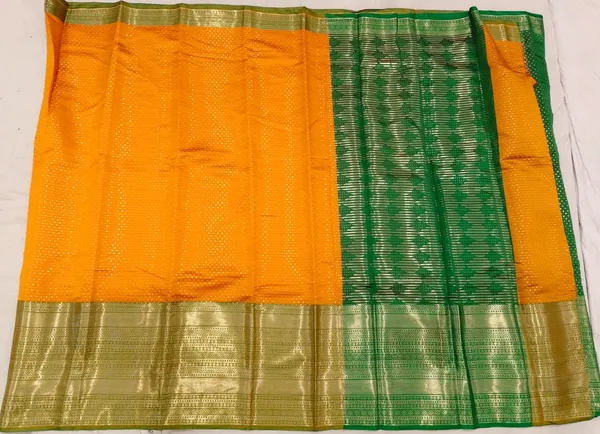Orange_And_Green_Soft_Silk_Booti_Woven_Saree_For_Women