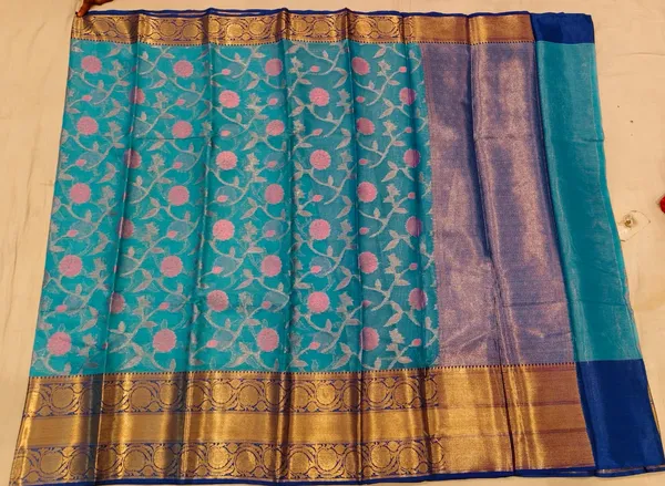 Turquoise_Banarasi_Jamdani_Floral_Zari_Saree_For_Women