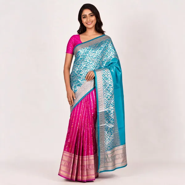 Pink_And_Blue_Satin_Pattu_Woven_Saree_For_Women