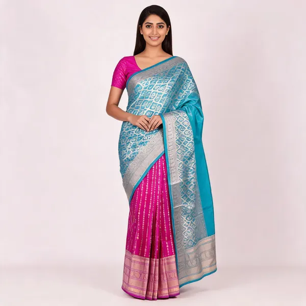 Pink_And_Blue_Satin_Pattu_Woven_Saree_For_Women