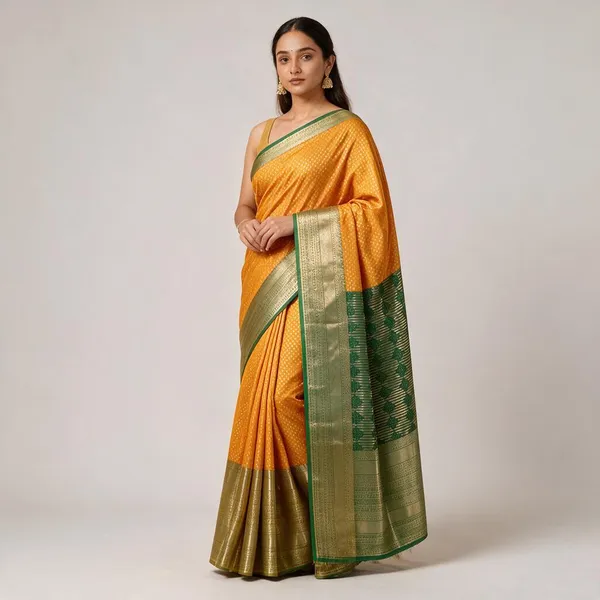 Orange_And_Green_Soft_Silk_Booti_Woven_Saree_For_Women