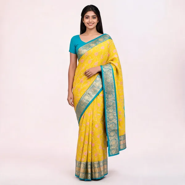 Yellow_And_Blue_Banarasi_Meena_Zari_Woven_Saree_For_Women