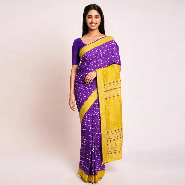 Yellow_And_Purple_Dola_Silk_Printed_Saree_For_Women