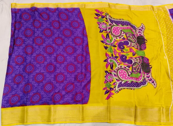 Yellow_And_Purple_Bandhani_Dola_Silk_Printed_Saree_For_Women