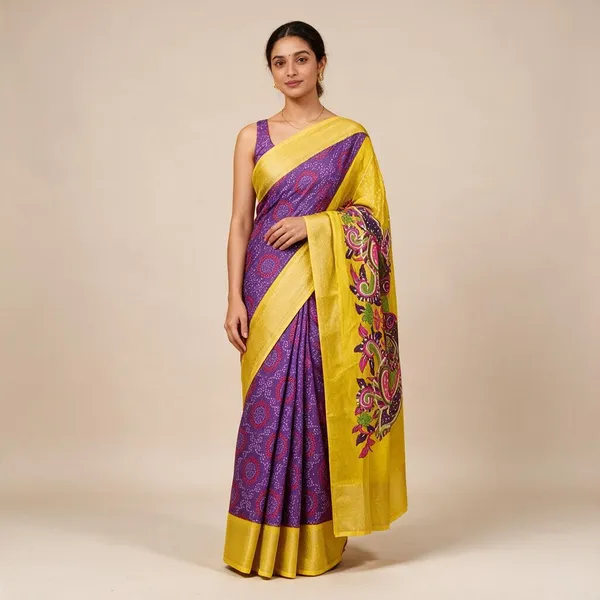 Yellow_And_Purple_Bandhani_Dola_Silk_Printed_Saree_For_Women
