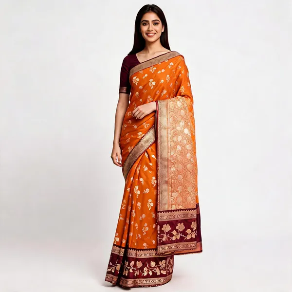 Orange_Viscose_Banarasi_Floral_Woven_Saree_For_Women