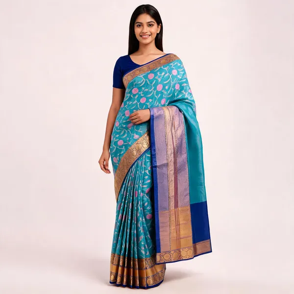 Turquoise_Banarasi_Jamdani_Floral_Zari_Saree_For_Women