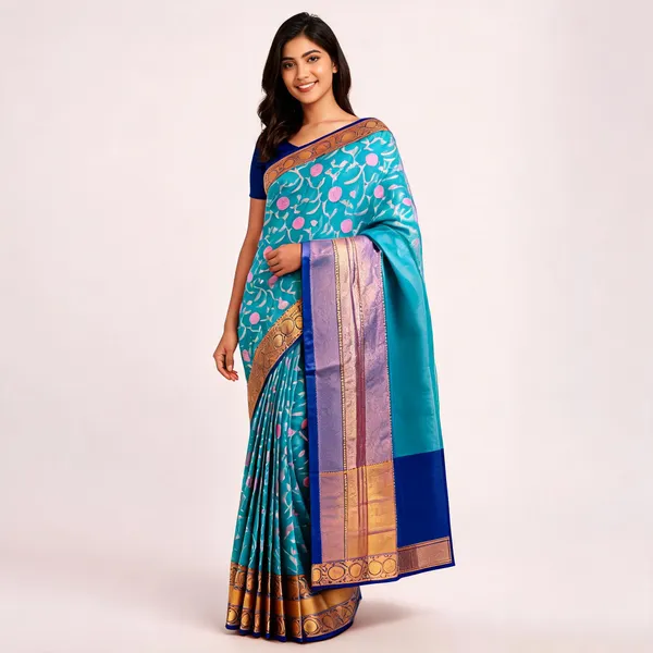 Turquoise_Banarasi_Jamdani_Floral_Zari_Saree_For_Women