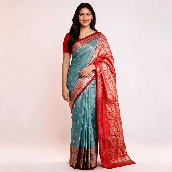 Teal_Soft_Tissue_Boota_Zari_Border_Saree_For_Women