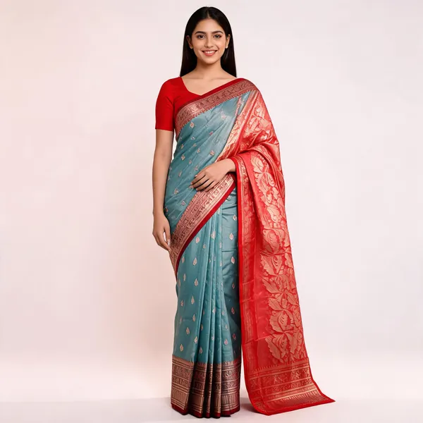 Teal_Soft_Tissue_Boota_Zari_Border_Saree_For_Women