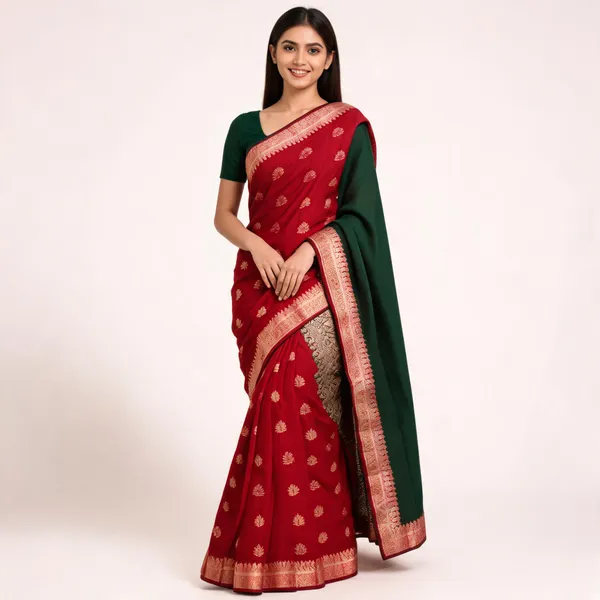 Maroon_And_Green_Semi_Cotton_Gadwal_Zari_Border_Saree_For_Women