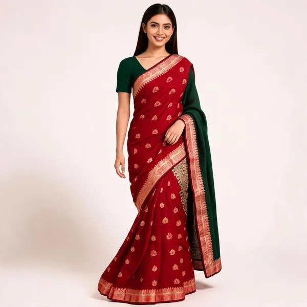 Maroon_And_Green_Semi_Cotton_Gadwal_Zari_Border_Saree_For_Women